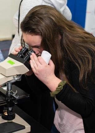 在2019年的大脑博览会上，一名学生通过显微镜观察